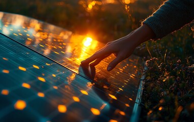 A closeup of a hand touching a glowing solar panel