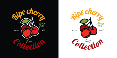 Emblem collection of fruits. Ripe cherry. Original vector illustration in vintage style. T-shirt design.