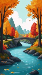 A lively autumn river landscape depicted as a vibrant flat design style vector graphic illustration