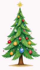 Fototapeta premium A festive watercolor illustration showcasing a Christmas tree in a simple yet charming clip-art style