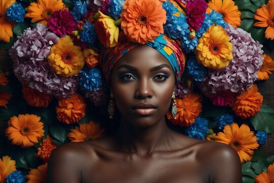 Beautiful Dark-Skinned Woman in a Turban with Flowers on Her Head