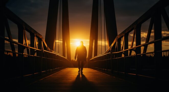 Silhouette of person standing on bridge at sunset