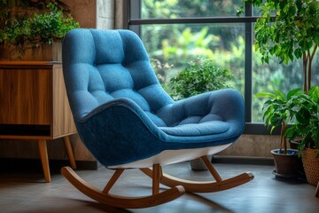 Retro-style blue and white rocking chair with wooden legs, thick fabric, soft texture, comfortable...