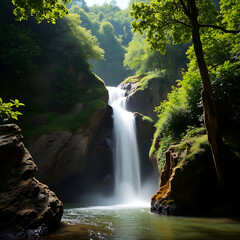 A lush rainforest with a waterfall and exotic plants.