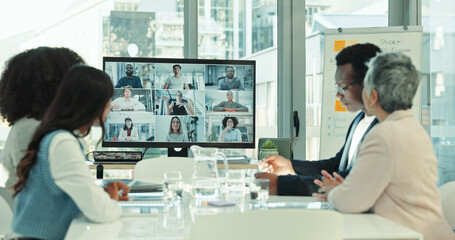 Video call, computer screen and teamwork with business people in office for monitor, contact or...