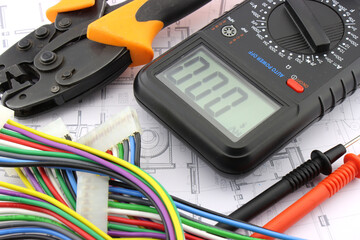 Electrical installation tools and materials for the assembly of electrical equipment. Soft focus. Close-up.