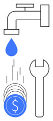 Faucet leaking water and coins falling beside a wrench. Ideal for financial management, investment, budgeting, cost control, savings, water conservation, maintenance. Line metaphor