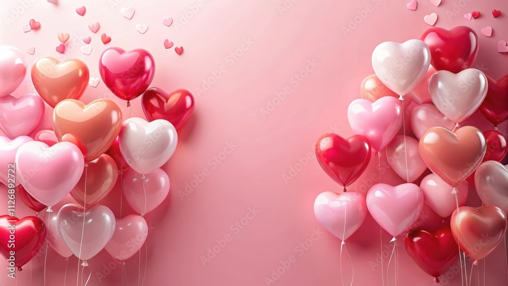 Poster a festive arrangement of heart-shaped balloons in various shades of pink and red, creating a joyful 
