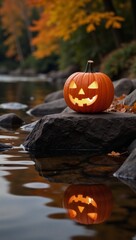 Glowing pumpkin lantern illuminates tranquil autumn riverside landscape with surrounding foliage