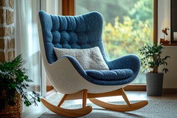 Retro-style blue and white rocking chair with wooden legs, thick fabric, soft texture, comfortable...