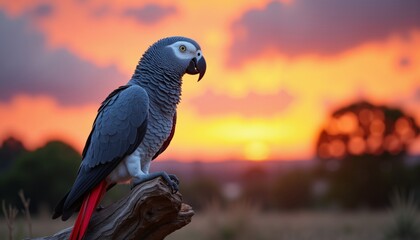 Stunning Close-Up of African Grey Parrot perching on Driftwood at Sunset