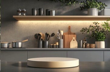 Small, round product podium in the foreground with a modern kitchen setup in the background, ideal for clean and minimalistic product displays.