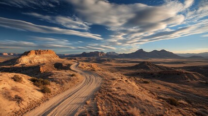 A scenic desert landscape with a winding dirt road and dramatic cloud formations.