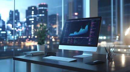 Fototapeta premium Modern Office Night Cityscape Stock Trading Computer