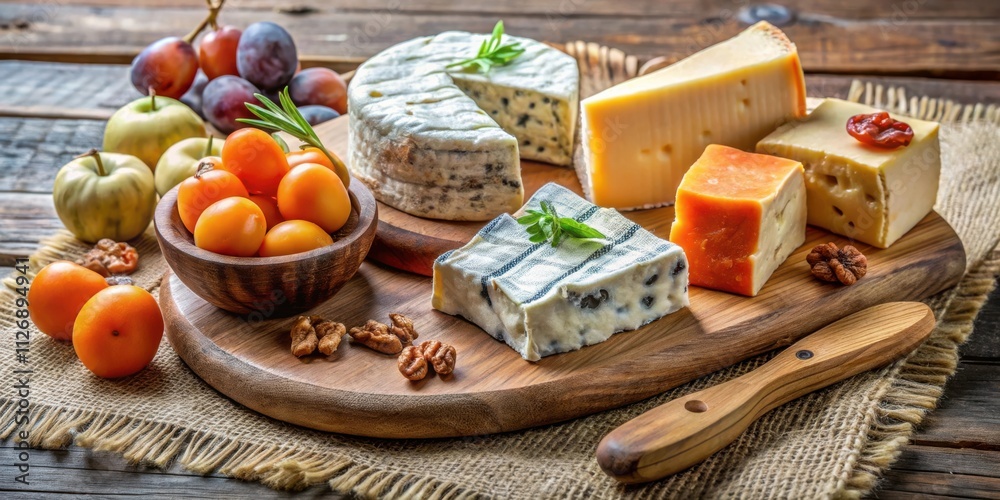 Poster a rustic wooden cutting board filled with an array of cheeses, including a creamy brie, sharp chedda
