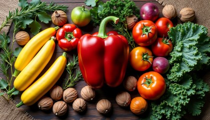 Aerial View of Autumn Harvest with Colorful Vegetables and Fruits