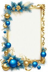 Slim Elegant Frame with Blue Christmas Decorations, a Template Sheet and a List on White Background