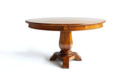 A wooden table with a round top and a pedestal base