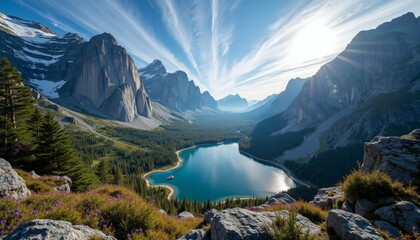 Fototapeta premium Aerial View of Majestic Mountains with Flowing River and Colorful Wildflower Valley