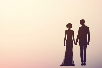 silhouette of wedding couple holding hands against soft gradient background