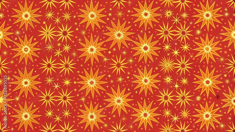 Aufkleber An abstract pattern with bright orange and yellow stars on a red background, featuring a variety of sizes and shapes, creating a mesmerizing and festive design.