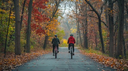 Fototapeta premium Two people cycling on a forest trail during autumn.