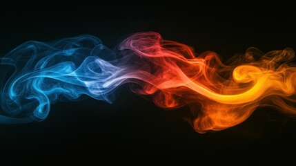 A blue and red flame is shown in the air. The flame is very long and is surrounded by smoke. The smoke is orange and blue in color