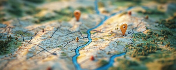 A close-up view of a detailed map featuring various markers and a winding river, highlighting geographic features and locations.