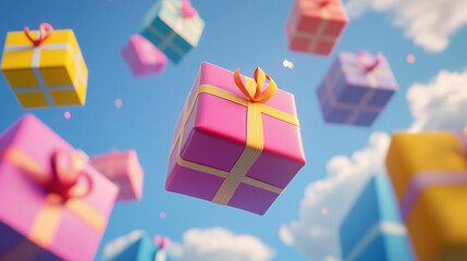 Colorful gift boxes floating in the sky, illustration style,  Made by AI