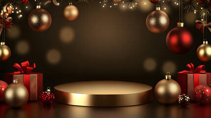 Festive Christmas Scene With Gold Podium And Ornaments