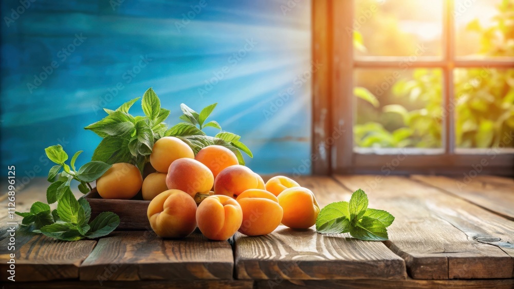 Poster freshly picked apricots with green leaves on rustic wooden table by window with sun shining through