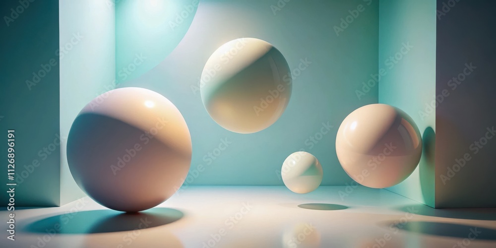 Poster A minimal composition of white spheres and soft light, creating a serene and ethereal ambiance in a pale green room.