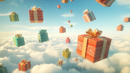 A whimsical scene of colorful gift boxes floating in the sky, representing joy and celebration during the Christmas season.  Made by AI