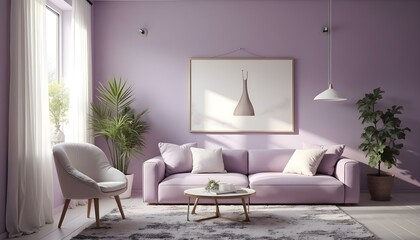modern living room with lilac walls and sofa