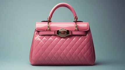 a pink handbag with a gold handle
