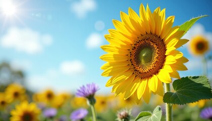 Naklejka premium Bright Yellow Sunflower Showcasing Intricate Seed Pattern Against Green Leaves and Blue Sky.
