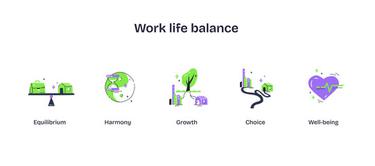 Work-life balance depicted with scales, a tree, and a heart, symbolizing harmony and well-being. Playful style icons