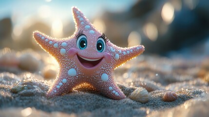 a pink starfish with white dots and a smiling face