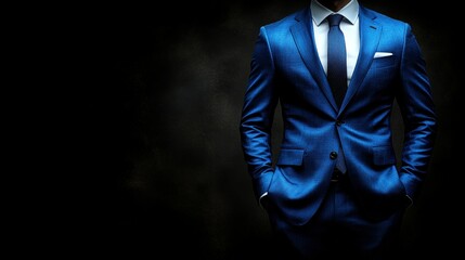 A man in a blue suit and tie is standing in front of a black background. Concept of professionalism and formality, as the man is dressed in a suit and tie