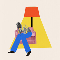 Contemporary art collage. Man sits on pink armchair with his head resting on his hand, symbolizing...