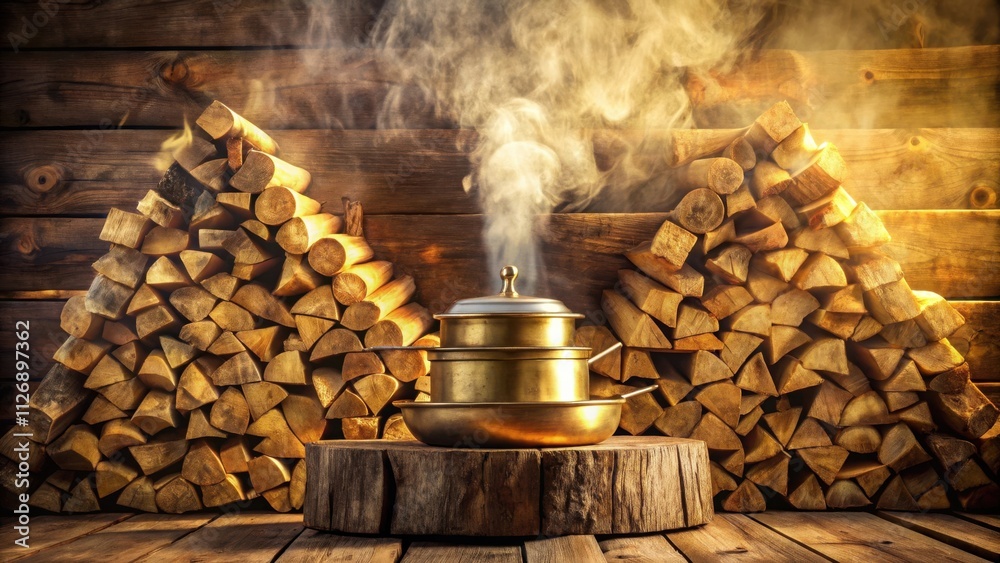 Aufkleber A rustic wooden backdrop with stacks of firewood flanking a steaming pot on a wooden stump, creating a warm and inviting scene.