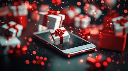 Phone with empty screen close-up on dark background, holiday bokeh. White gift boxes with red bows flying out of phone screen. Christmas sale concept, discounts