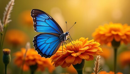 Obraz premium Close-Up of Deep Blue Butterfly on Bright Orange Marigold Flower.