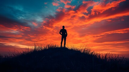 Silhouette of a man standing on a hill, framed by a stunning sunset with vivid orange and blue skies.