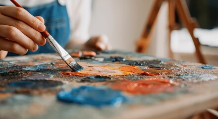 Obraz premium Close-up of artist palette with colorful oil paints brush in hand