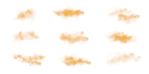 Set of realistic orange clouds. Fog and smoke isolated on transparent background. Cloud, nature sky. Weather element or drawing. Cloud texture, smoke wave, fog nature. Fluffy smoke. PNG.