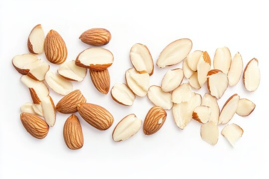 Almonds and almond slices arranged neatly on a light background showcasing their texture and color