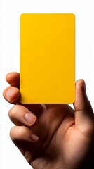 A close-up of a hand holding a plain yellow card against a white background