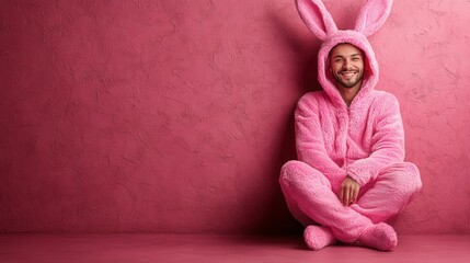 A man in a pink bunny costume is sitting on the floor. He is smiling and he is enjoying himself