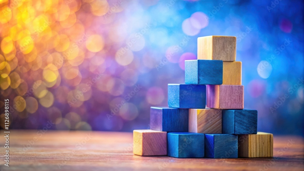 Aufkleber a stack of colorful wooden blocks on a wooden table with a blurred background of bokeh lights